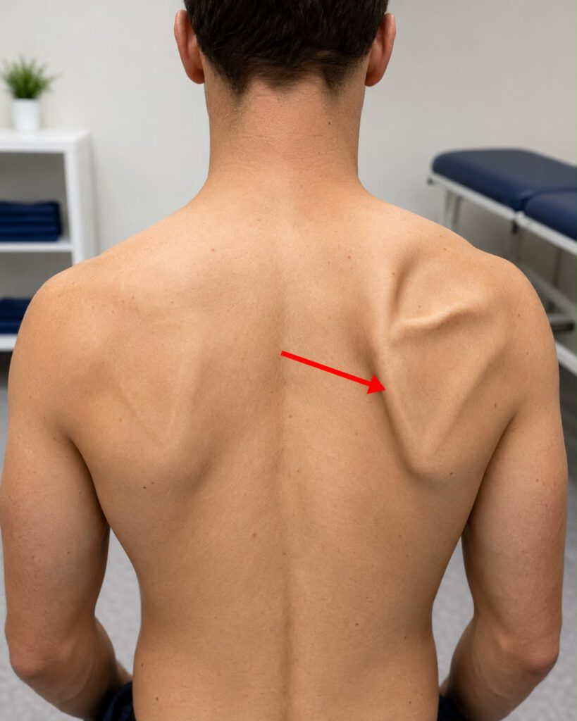 Physiotherapie bei Scapula-Dyskinesie: Nahaufnahme eines abstehenden Schulterblatts zur Veranschaulichung